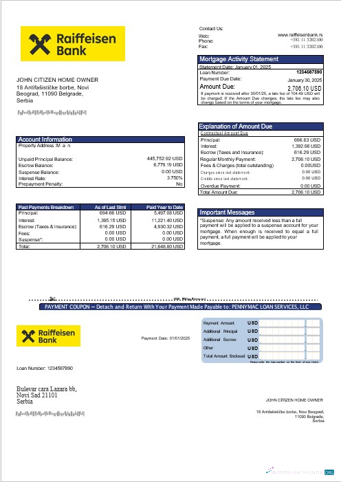 Download Serbia Raiffeisen bank mortgage statement in Word and PDF formats Photoshop template